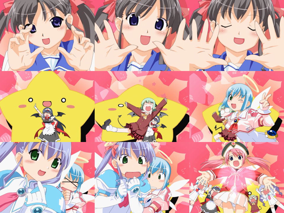 watanabe akio, djibril (makai tenshi djibril), djibril aries, jinno hikari, luvriel, manabe rika, misty mei, otonashi meimi, rococo (makai tenshi djibril), stafy, starfy, makai tenshi djibril, makai tenshi djibril 2, anime screenshot, > <, 5girls, :d, :o, ;d, ^ ^, age difference, androgynous, angel, angry, apron, arm up, arms up, bat wings, black hair, black socks, blazer, blue eyes, blue hair, blush, blush stickers, bob cut, bow, bowtie, chibi, clenched teeth, close-up, closed eyes, collage, crop top, cross, dancing, demon tail, dress, dual persona, elbow gloves, everyone, fangs, fingerless gloves, flat chest, foreshortening, gem, gloves, glowing, green eyes, green hair, hair ribbon, hairband, halo, hand on own hip, hat, heart, hip focus, jacket, kneehighs, leaning forward, long hair, loose socks, magical girl, maid, maid apron, maid headdress, multiple girls, necktie, no pupils, o o, one-piece swimsuit, one eye closed, open mouth, outstretched arms, outstretched hand, panties, pantyhose, pantyshot, parted bangs, pink hair, pleated skirt, pointing, pointy ears, purple hair, ribbon, school swimsuit, school uniform, serafuku, shoes, short hair, sidelocks, skirt, smile, socks, standing, star (symbol), surprised, swimsuit, swimsuit costume, tail, teeth, thigh gap, thigh strap, thighhighs, thighs, traditional halo, twintails, underwear, upskirt, v, white one-piece swimsuit, white panties, white school swimsuit, white thighhighs, wings, wink