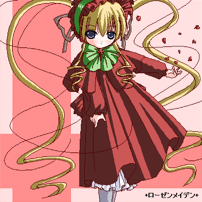 shinku, rozen maiden, lowres, 00s, 1girl, blonde hair, blue eyes, blush, bonnet, copyright name, dress, female focus, grey socks, long hair, long sleeves, oekaki, petals, socks, solo, text focus, very long hair