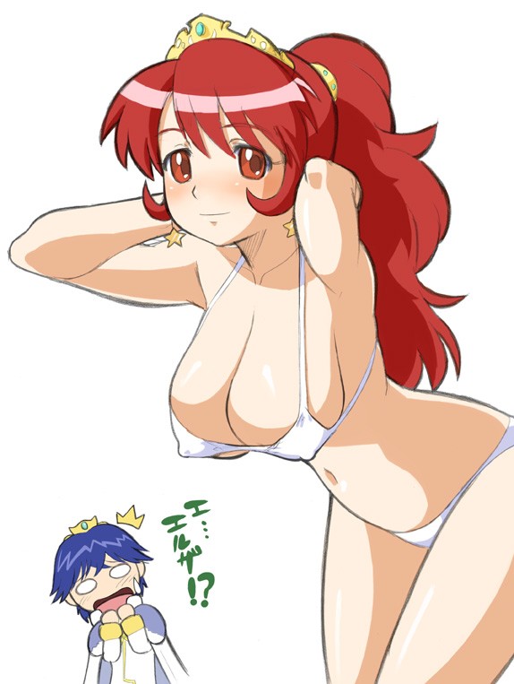 elsa (futagohime), truth (futagohime), fushigiboshi no futago hime, 00s, 1boy, 1girl, ^^^, armpits, bikini, blue hair, blush, breasts, cleavage, covered erect nipples, earrings, jewelry, large breasts, leaning forward, light smile, open mouth, red eyes, red hair, simple background, star (symbol), star earrings, sweatdrop, swimsuit, tiara, white background, wide oval eyes