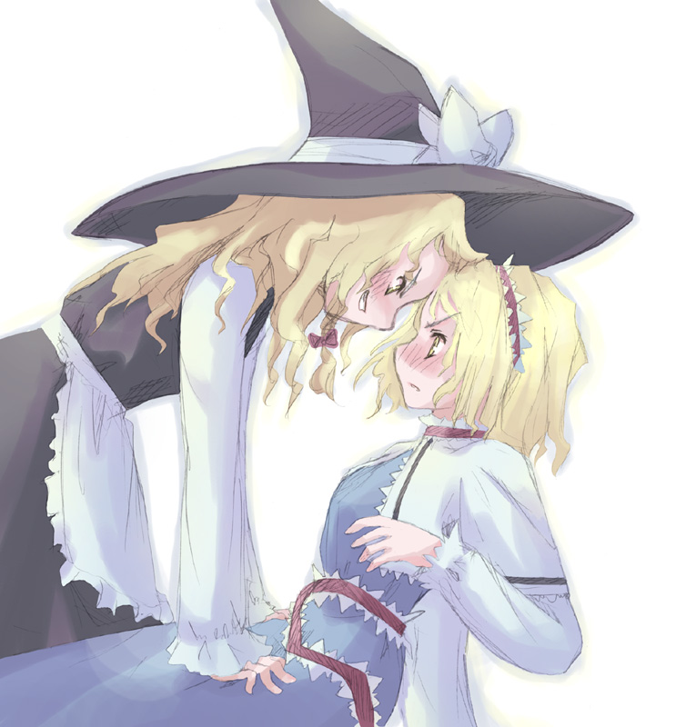 takanashi akihito, alice margatroid, kirisame marisa, touhou, >:(, >:d, 2girls, :d, apron, arm support, black dress, blonde hair, blue dress, blush, bow, capelet, dress, female focus, frown, girl on top, grin, hair ribbon, hairband, hat, hat bow, leaning back, long hair, long sleeves, multiple girls, nose blush, open mouth, ribbon, sash, simple background, sitting, smile, tress ribbon, tsundere, v-shaped eyebrows, waist apron, wavy hair, white background, white bow, witch hat, yuri