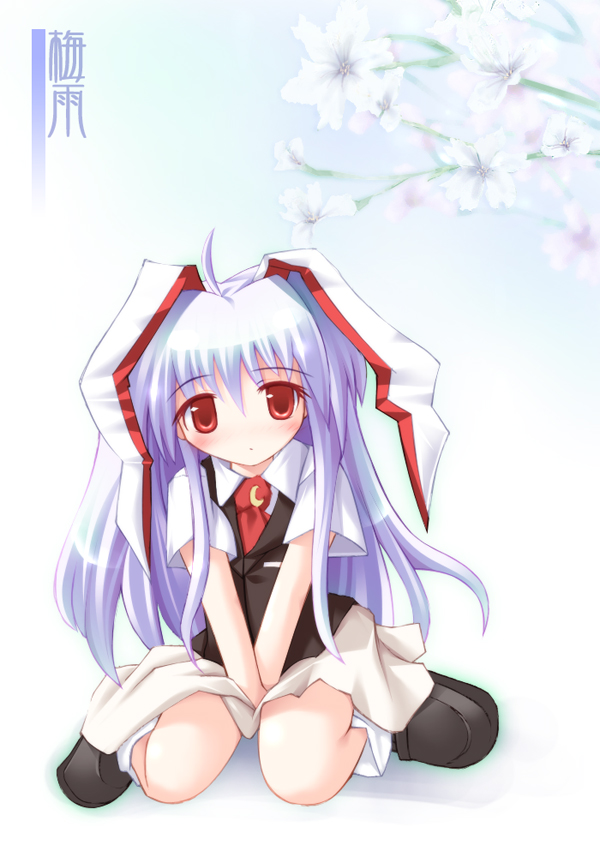 ai takurou, reisen udongein inaba, touhou, 1girl, ahoge, animal ears, blouse, blue hair, brown shoes, crescent, female focus, flower, long hair, necktie, rabbit ears, red eyes, red necktie, school uniform, serafuku, shirt, shoes, sitting, socks, solo, v arms, wariza, white socks