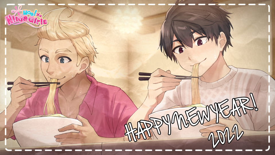 araya kazuki, john spicer (moe! ninja girls), moe! ninja girls, official art, 2022, 2boys, black hair, blonde hair, blue eyes, chopsticks, eating, english text, food, hair between eyes, happy new year, holding, holding chopsticks, indoors, logo, male focus, multiple boys, new year, noodles, pink shirt, purple eyes, ramen, shirt, short hair, t-shirt, white shirt