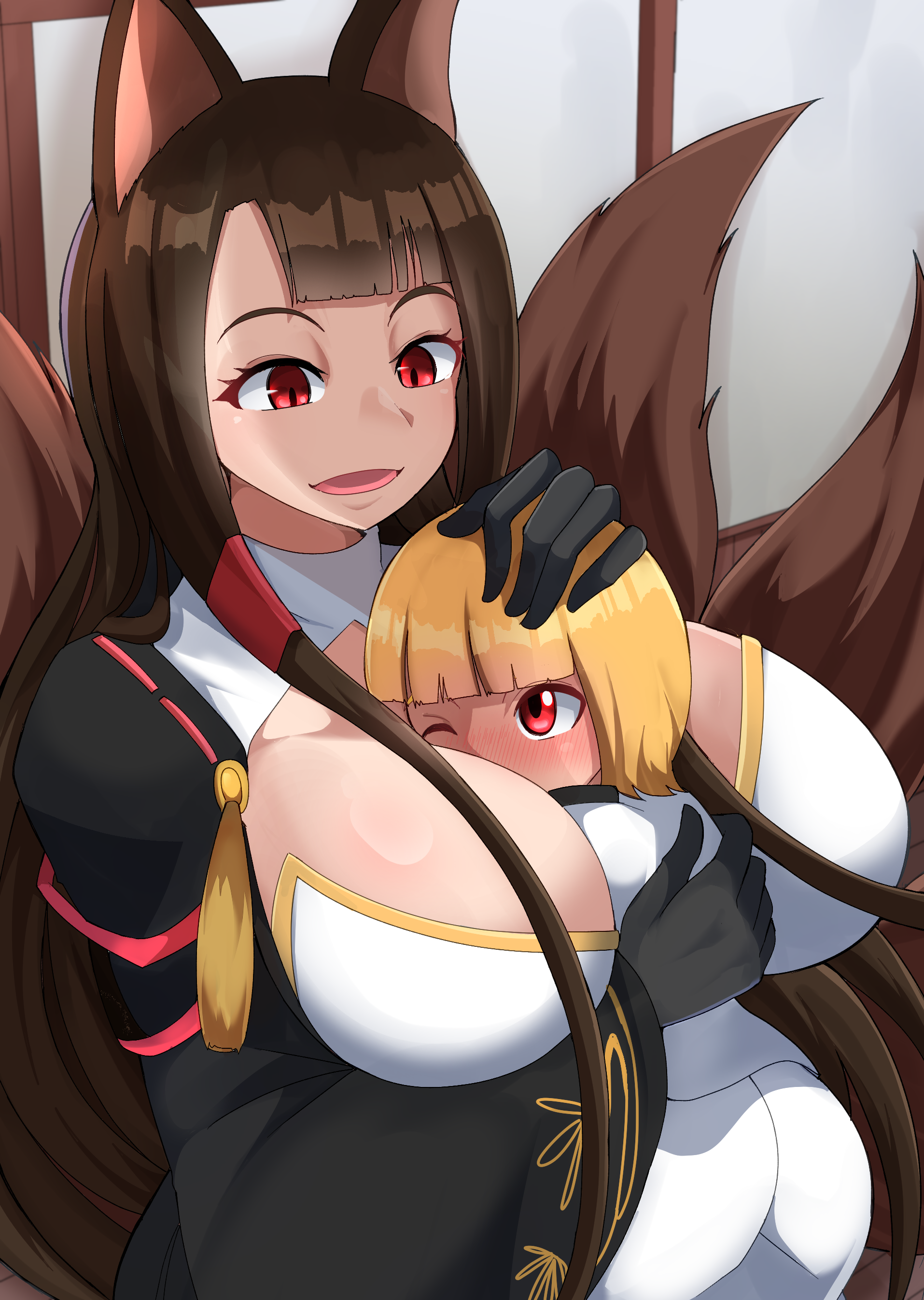honotomo7, akagi (azur lane), commander (azur lane), azur lane, absurdres, highres, age difference, animal ears, between breasts, blonde hair, blunt bangs, blush, breast smother, breasts, brown hair, cleavage, face to breasts, hand on another's back, hand on another's head, head between breasts, japanese clothes, kimono, kitsune, kyuubi, large breasts, little boy commander (azur lane), long hair, looking at another, multiple tails, one eye closed, onee-shota, open mouth, red eyes, tail