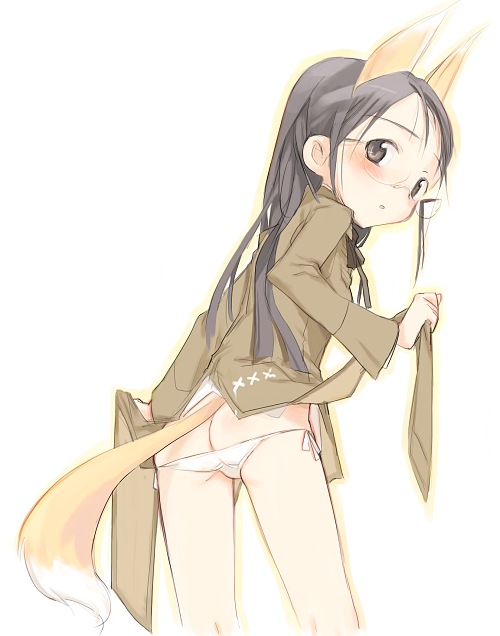 shimada fumikane, ki-61 hien (personification), suwa amaki, original, strike witches, strike witches: kurenai no majo-tachi, world witches series, 00s, 1girl, animal ears, ass, blush, extra ears, female focus, flat ass, fox ears, fox tail, from behind, glasses, grey eyes, grey hair, loli, long hair, long sleeves, looking back, lowleg, lowleg panties, no pants, panties, personification, shirt, side-tie panties, solo, tail, underwear, white panties