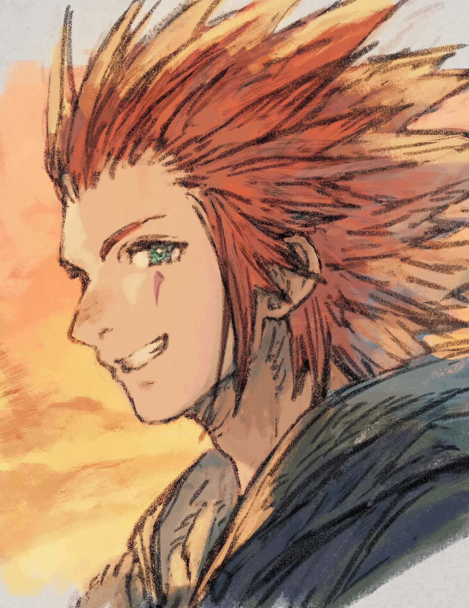 maeka (kumaekake), axel (kingdom hearts), kingdom hearts, kingdom hearts ii, highres, 1boy, black robe, facial mark, green eyes, grin, hair slicked back, hood, hood down, hooded robe, male focus, medium hair, portrait, red hair, robe, sideburns, smile, solo, teeth, upper body