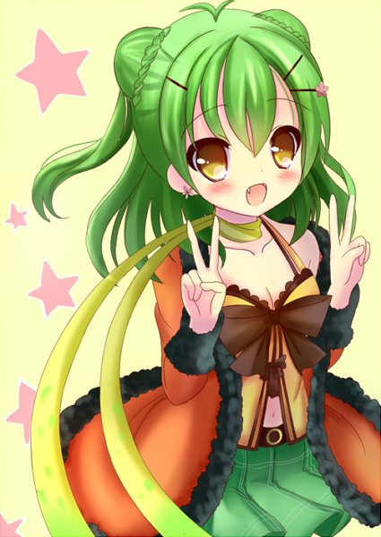 hane., emil chronicle online, 1girl, antenna hair, belt, blush, breasts, brown ribbon, camisole, cleavage, double bun, double v, fang, fur jacket, green hair, green skirt, hair bun, hair ornament, hairclip, jacket, moran alma, navel, open mouth, orange jacket, ribbon, scarf, skirt, small breasts, solo, star (symbol), star symbol background, v, yellow background, yellow camisole, yellow eyes, yellow scarf