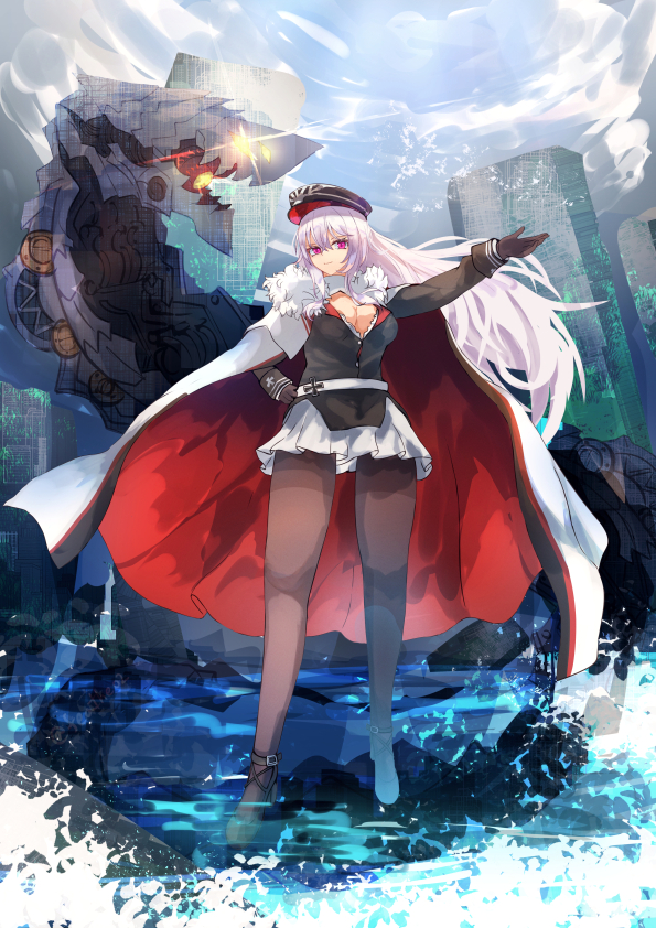 hane (feathe02), graf zeppelin (azur lane), azur lane, 1girl, black gloves, black hat, black pantyhose, breasts, cape, cleavage, full body, fur-trimmed cape, fur trim, gloves, hand on own hip, hat, large breasts, long hair, looking at viewer, non-humanoid robot, pantyhose, peaked cap, pink eyes, rigging, robot, robot dragon, solo, white hair