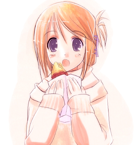 yuunagi rin, komaki manaka, to heart (series), to heart 2, lowres, 00s, 1girl, :o, bag, blush, female focus, folded ponytail, food, hair ornament, hairclip, holding, long sleeves, open mouth, orange hair, purple eyes, scarf, simple background, solo, sweater, sweet potato, white background
