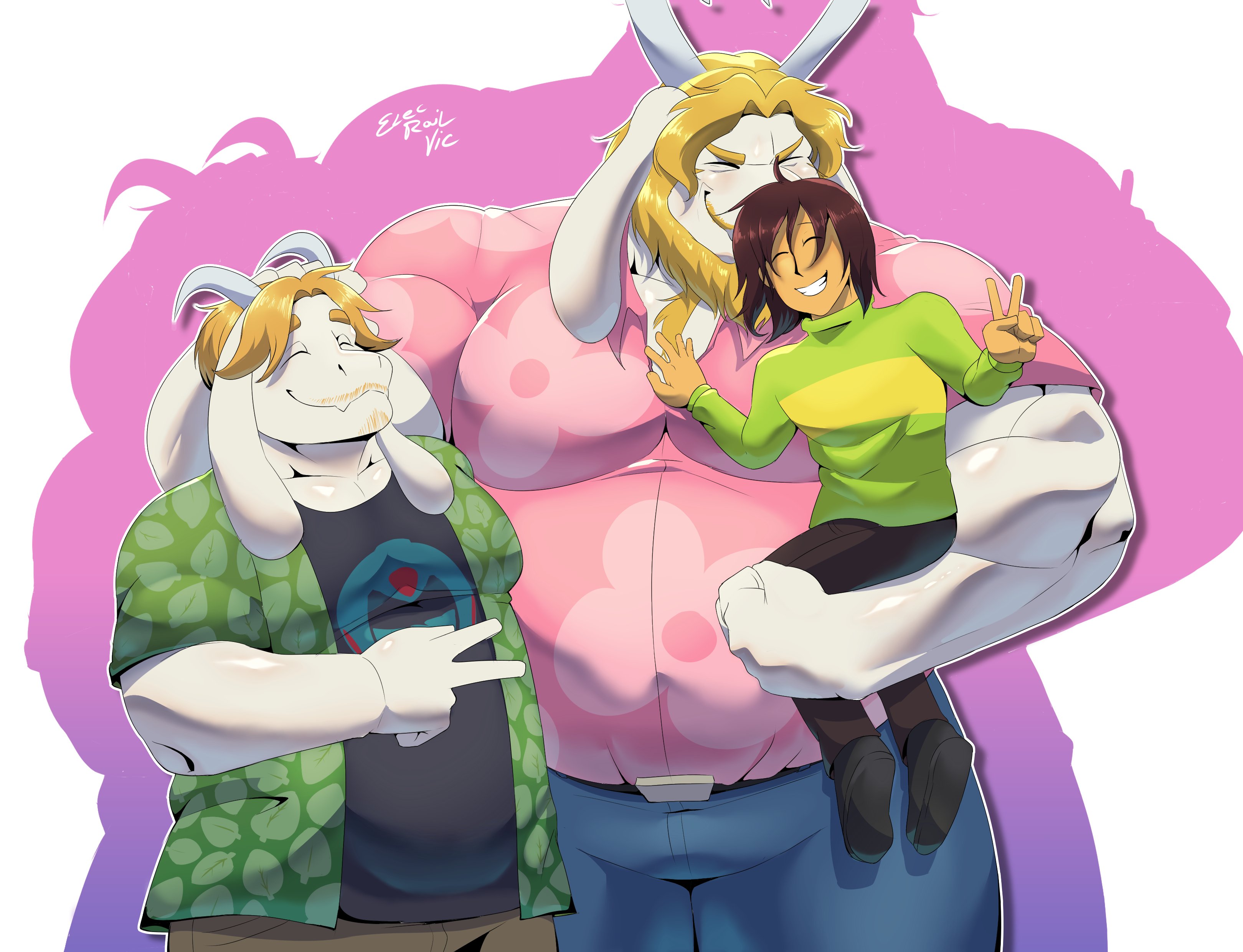 asgore dreemurr, asriel dreemurr, kris (deltarune), deltarune, utdr (toby fox), absurdres, commentary, english commentary, highres, 1other, 2boys, artist name, bara, beard, belt, blonde hair, brown hair, colored shadow, colored skin, elecrailvic, facial hair, family, father and son, goat, goat horns, horns, long animal ears, male focus, manly, multiple boys, muscular, mustache, pink shirt, shadow, shirt, signature, smile, v, video game, yellow skin