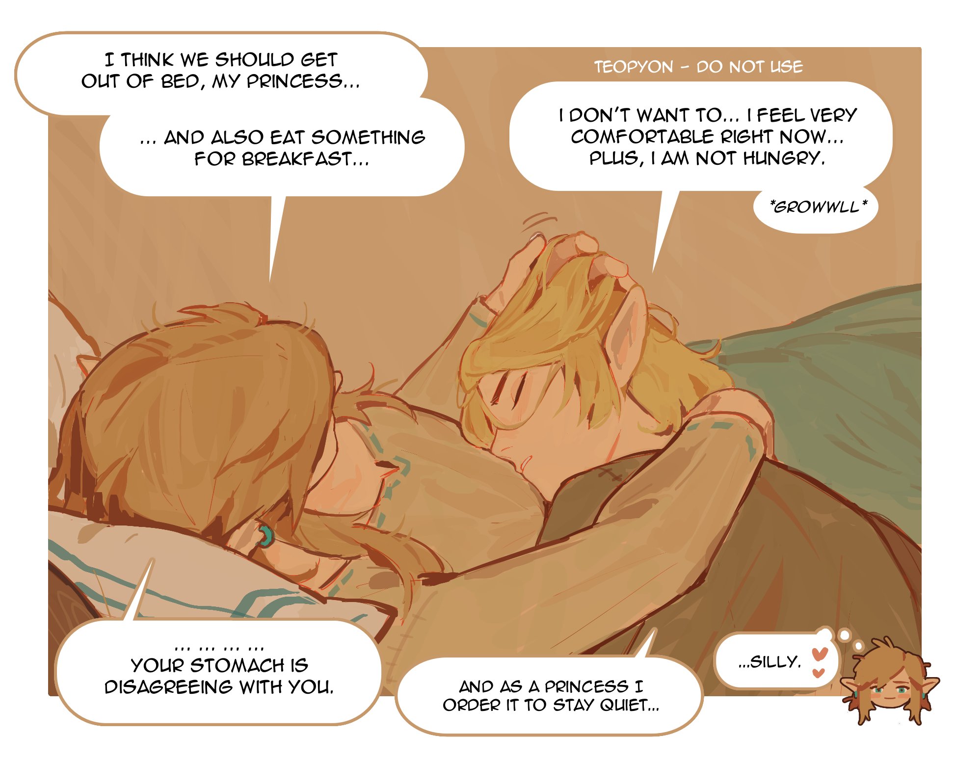pyonteo, link, princess zelda, nintendo, the legend of zelda, the legend of zelda: breath of the wild, the legend of zelda: tears of the kingdom, highres, 1boy, 1girl, arm around neck, artist name, blonde hair, border, brown background, brown shoes, chibi, chibi inset, closed eyes, couple, cuddling, earrings, english text, hand in another's hair, hetero, jewelry, long hair, messy hair, parted lips, pointy ears, shoes, short hair, sidelocks, sleepy, speech bubble, under covers, white border