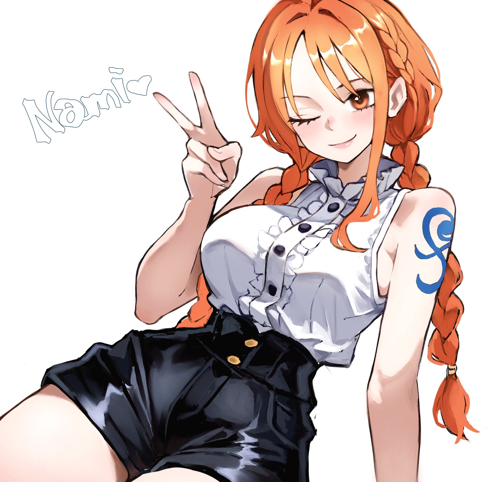 kasumi 6, nami (one piece), one piece, commentary, english commentary, highres, 1girl, ;), alternate costume, alternate hairstyle, armpit crease, bare shoulders, black shorts, blush, braid, breasts, buttons, character name, closed mouth, collar, cowboy shot, frilled collar, frills, half up half down braid, hand up, heart, large breasts, looking at viewer, low twin braids, low twintails, one eye closed, orange eyes, orange hair, pink lips, shirt, shorts, shoulder tattoo, simple background, single sidelock, sleeveless, sleeveless shirt, smile, solo, tattoo, twin braids, twintails, v, white background, white shirt