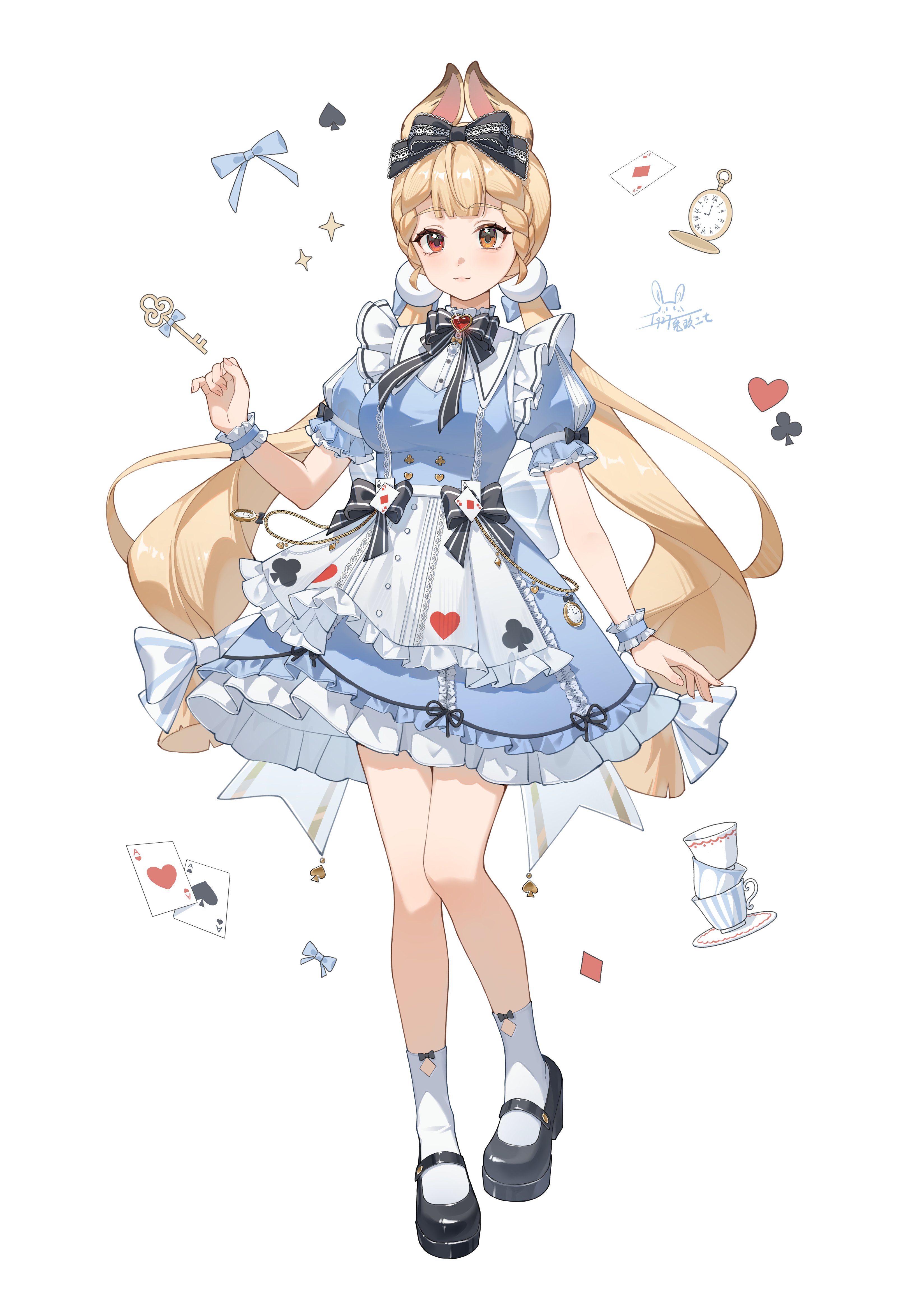 tujiu sama, alice thymefield, alice's adventures in wonderland, zenless zone zero, absurdres, commentary, highres, 1girl, alternate costume, animal ears, black bow, black shoes, blonde hair, blue dress, blue wrist cuffs, bow, breasts, club (shape), cup, diamond (shape), dress, full body, glint, hair bow, heart, key, low twintails, mary janes, orange eyes, pocket watch, puffy short sleeves, puffy sleeves, rabbit ears, rabbit girl, red eyes, saucer, shoes, short sleeves, signature, simple background, smile, socks, spade (shape), teacup, twintails, watch, white background, white socks, wrist cuffs
