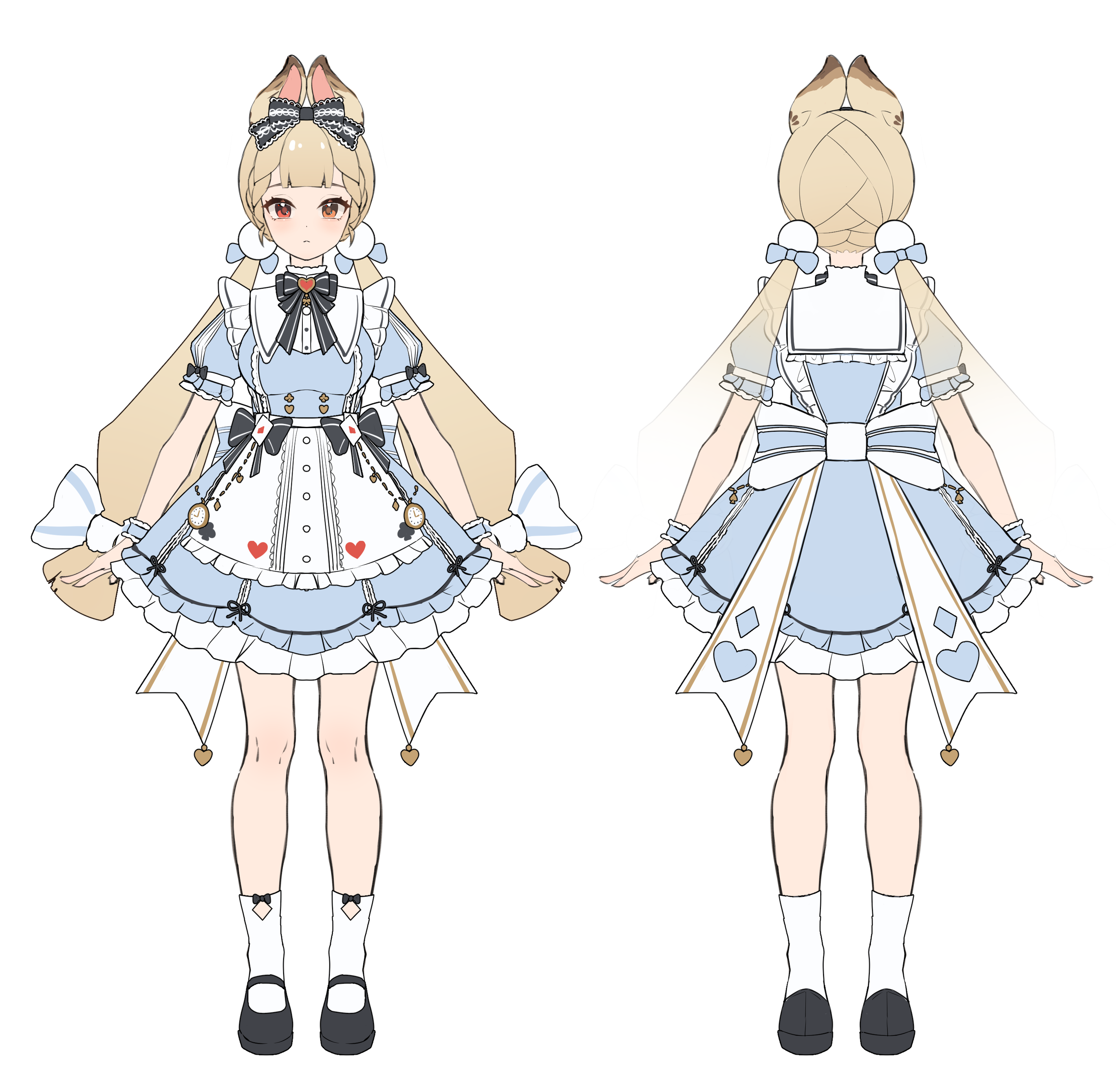 tujiu sama, alice thymefield, alice's adventures in wonderland, zenless zone zero, absurdres, commentary, highres, 1girl, alternate costume, animal ears, black bow, black shoes, blonde hair, blue dress, blue wrist cuffs, bow, breasts, club (shape), diamond (shape), dress, expressionless, full body, hair bow, heart, low twintails, mary janes, multiple views, orange eyes, puffy short sleeves, puffy sleeves, rabbit ears, rabbit girl, red eyes, reference sheet, shoes, short sleeves, simple background, socks, spade (shape), twintails, white background, white socks, wrist cuffs