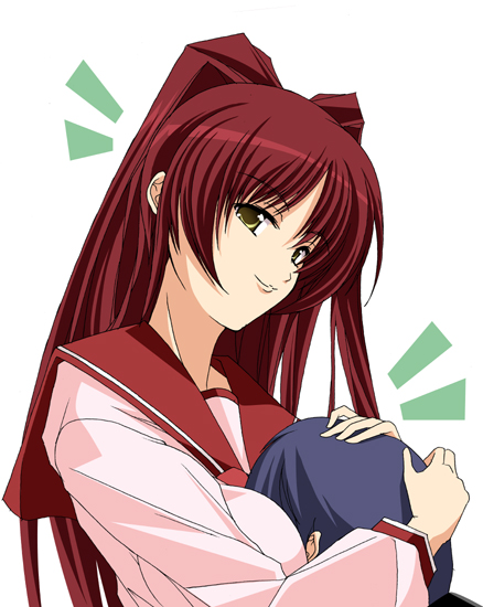 shiikeru, kousaka tamaki, to heart (series), to heart 2, 00s, 1girl, blue hair, breast smother, breasts, face to breasts, female focus, green eyes, large breasts, long hair, red hair, smother, smug, solo, yellow eyes
