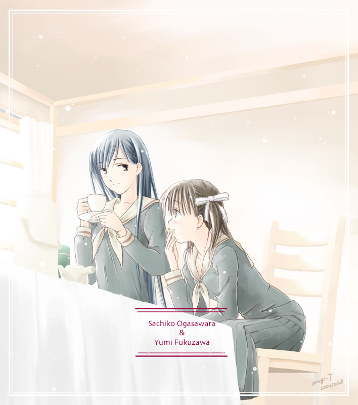 takahashi mugi, fukuzawa yumi, ogasawara sachiko, maria-sama ga miteru, wall, white neckwear, 00s, 2girls, artist name, blue hair, blush, border, brown eyes, brown hair, ceiling, chair, character name, closed mouth, covering own mouth, cup, dated, hair behind ear, hair over shoulder, hair ribbon, hand over own mouth, holding, holding cup, indoors, leaning forward, light particles, long hair, long sleeves, looking at viewer, multiple girls, on chair, plate, pleated skirt, profile, ribbon, sailor collar, saucer, school uniform, serafuku, side handle teapot, sideways glance, signature, sitting, skirt, skirt set, smile, straight hair, teacup, teapot, thermos, tube, twintails, white border, white ribbon, white sailor collar, window