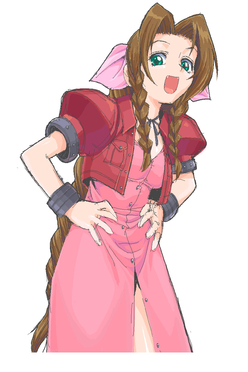 shichimenchou, aerith gainsborough, final fantasy, final fantasy vii, highres, 1990s (style), 1girl, :d, bow, braid, breast pocket, brown hair, dress, fangs, female focus, green eyes, hands on own hips, long dress, long hair, looking at viewer, open mouth, pink bow, pink dress, pocket, retro artstyle, simple background, smile, solo, twin braids, very long hair, white background