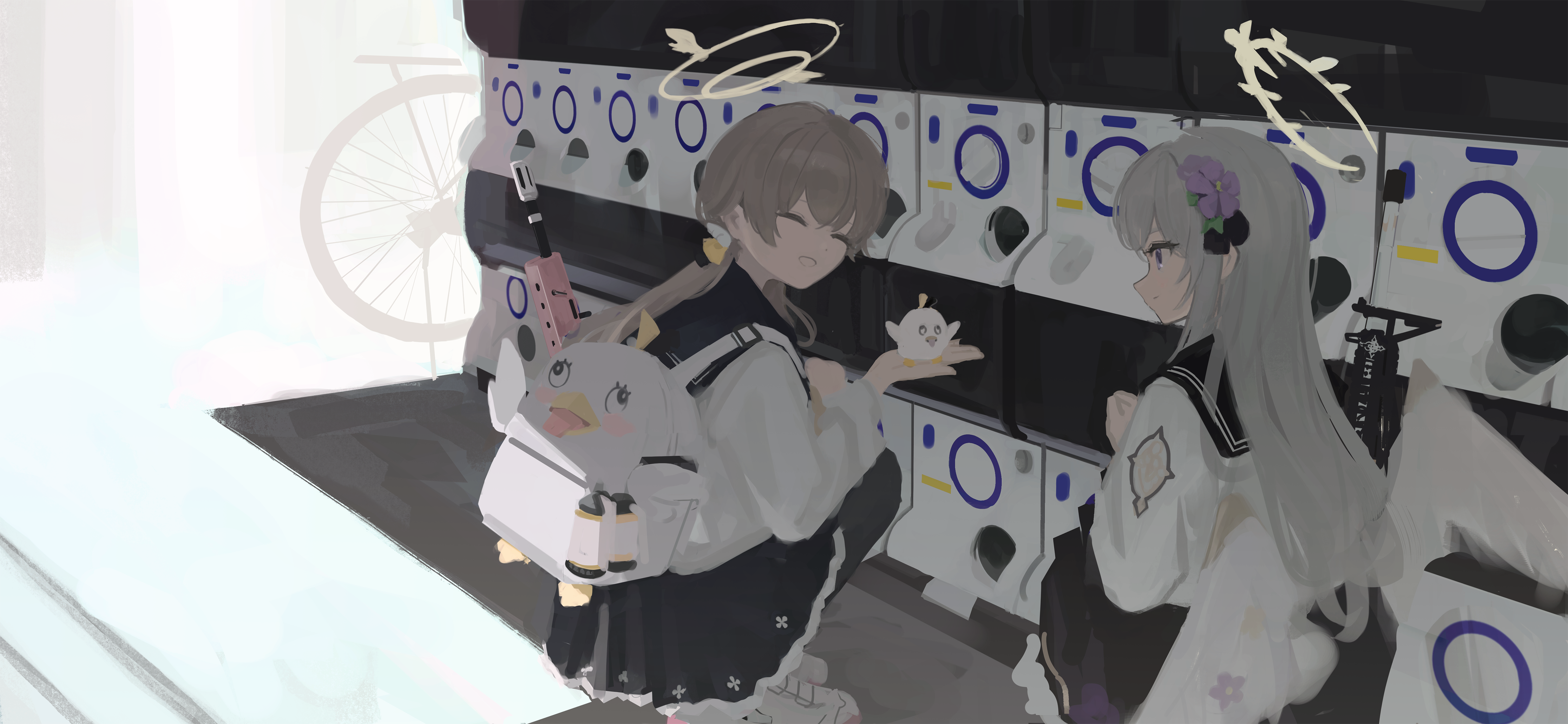 orval, azusa (blue archive), hifumi (blue archive), peroro (blue archive), blue archive, absurdres, highres, 2girls, assault rifle, backpack, bag, bicycle, bird, black pantyhose, black sailor collar, black skirt, brown hair, bullpup, charm (object), closed eyes, closed mouth, explosive, feathered wings, flower, frilled skirt, frills, gashapon, grenade, grey hair, gun, hair flower, hair ornament, halo, hand up, holding, l85, long hair, long sleeves, looking at another, low twintails, m4 carbine, multiple girls, open mouth, pantyhose, pleated skirt, presenting, profile, purple eyes, purple flower, rifle, sailor collar, school uniform, serafuku, shirt, shoes, sitting, skirt, smile, sneakers, squatting, stuffed animal, stuffed bird, stuffed toy, twintails, weapon, weapon on back, white bird, white halo, white shirt, white shoes, white wings, wings