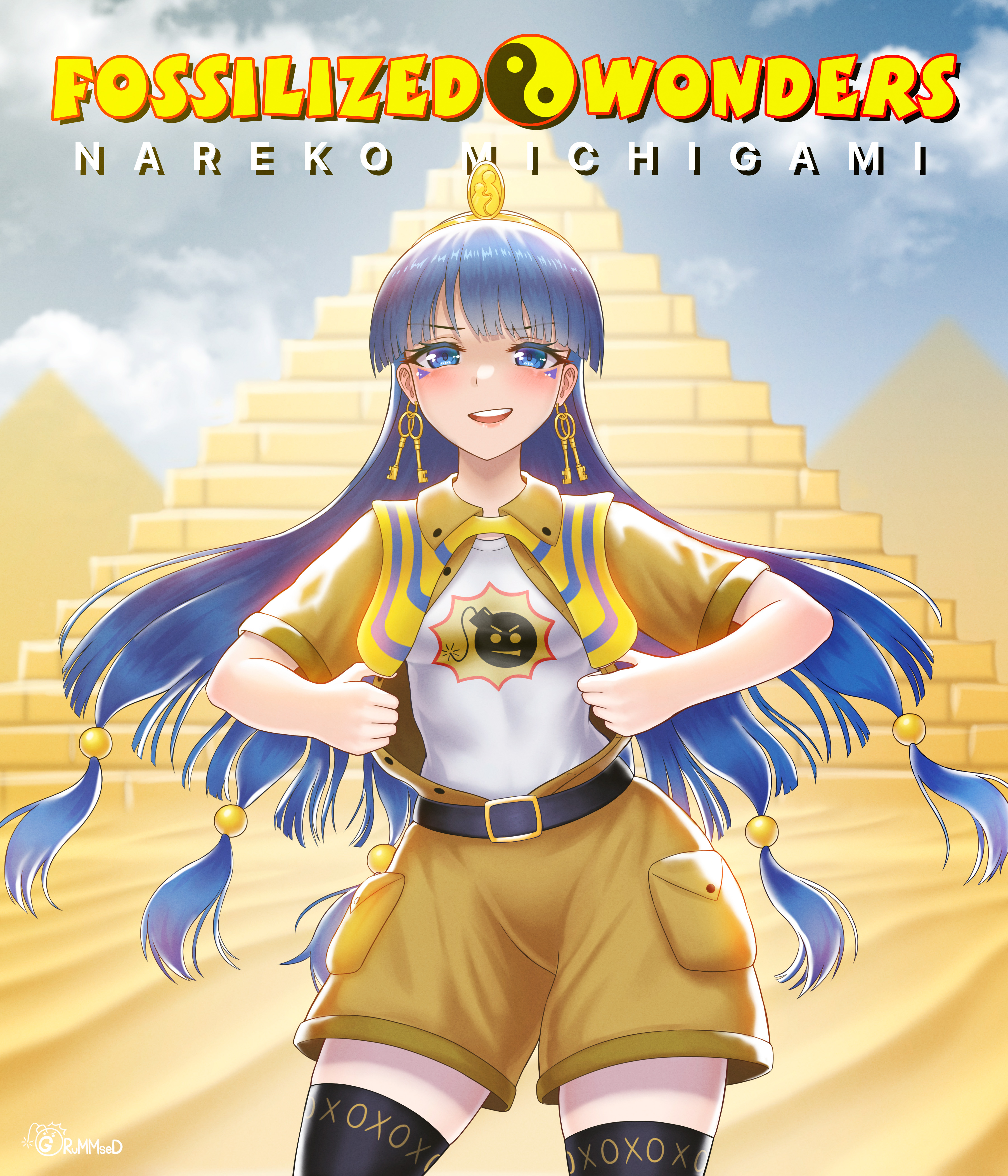 grummsed, michigami nareko, fossilized wonders, serious sam, touhou, absurdres, commentary, highres, 1girl, belt, belt buckle, black thighhighs, blue eyes, blue hair, blunt bangs, brown shirt, brown shorts, buckle, buttons, character name, copyright name, desert, earrings, english text, facial mark, facial tattoo, gold buckle, gold earrings, hair bobbles, hair ornament, headpiece, jewelry, key earrings, long hair, looking at viewer, open mouth, outdoors, pyramid (structure), shirt, shorts, solo, sphere hair ornament, tattoo, thighhighs, unbuttoned, white shirt