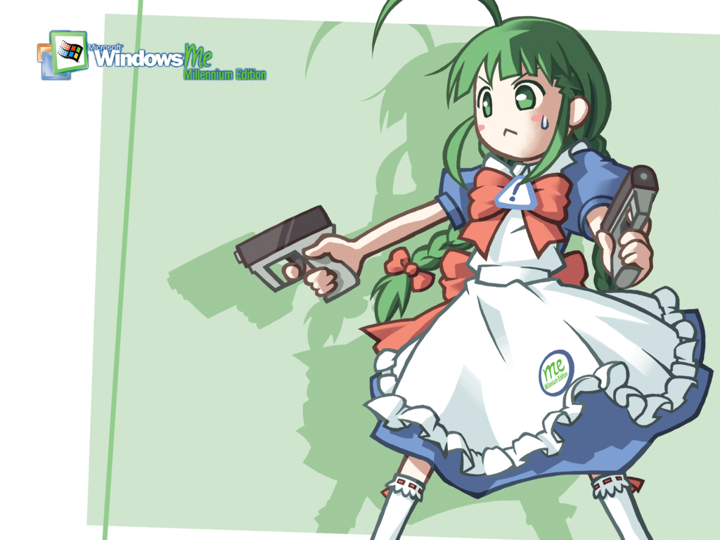 me-tan, os-tan, 1girl, :<, ahoge, back bow, blush, blush stickers, bow, braid, character name, dual wielding, female focus, green eyes, green hair, gun, handgun, hands on own hips, holding, holding gun, holding weapon, huge ahoge, maid, matching hair/eyes, pistol, semi-automatic pistol, solo, sweatdrop, twin braids, twintails, weapon