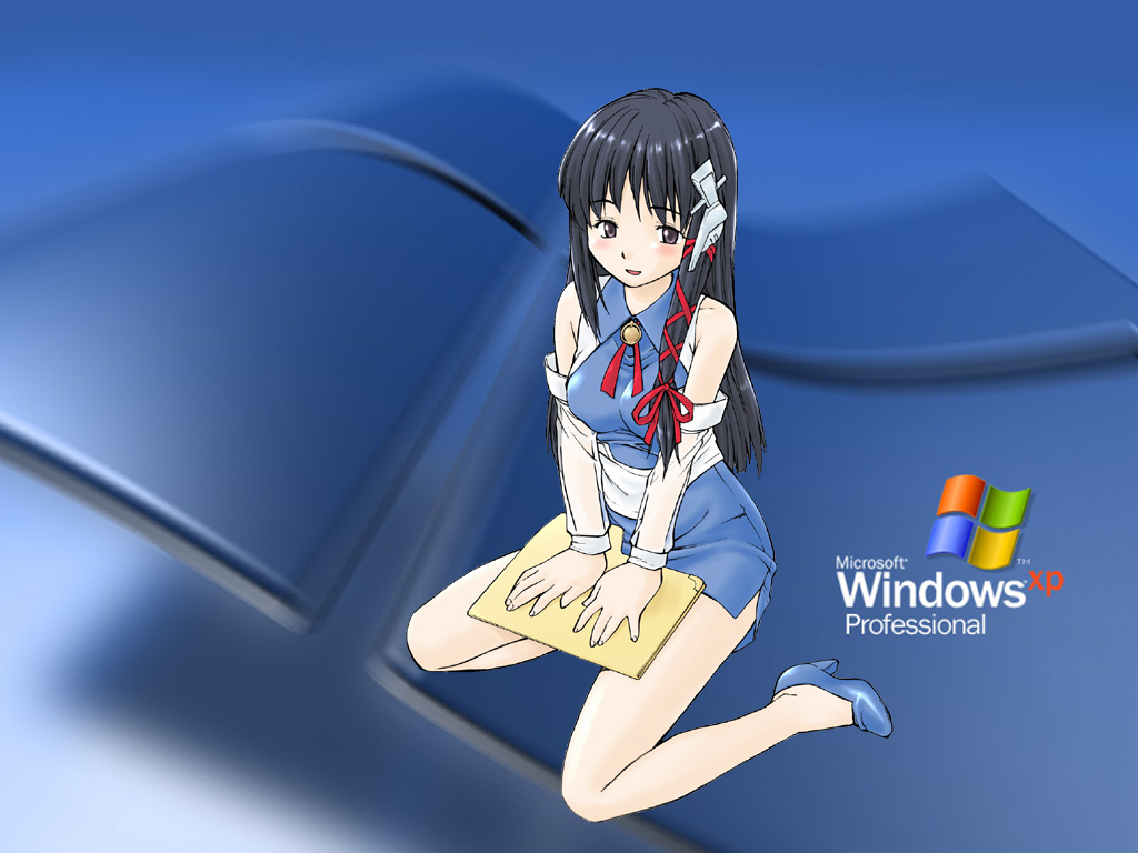 hinemosu notari, xp-tan, microsoft windows, os-tan, windows xp, 1girl, black hair, blue skirt, character name, female focus, folder, hair ornament, high heels, long hair, purple eyes, shoes, sitting, skirt, solo, wariza