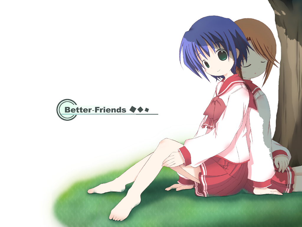 komaki manaka, tonami yuma, to heart (series), to heart 2, 00s, 2girls, back-to-back, barefoot, black eyes, blue hair, brown hair, closed eyes, green eyes, multiple girls, pleated skirt, school uniform, serafuku, shadow, sitting, skirt, smile, tree, under tree