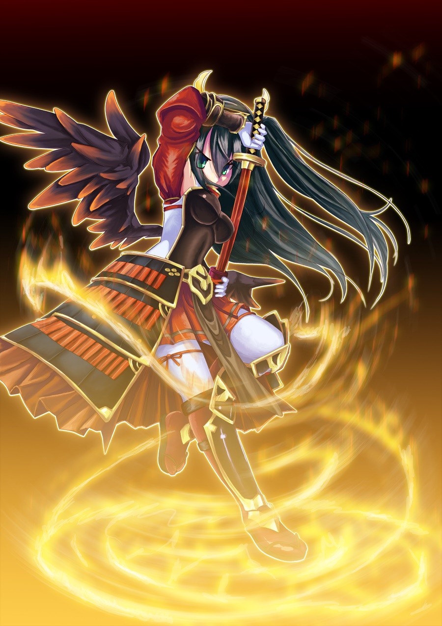 emil chronicle online, highres, 1girl, armor, armored boots, black hair, black wings, boots, breastplate, breasts, detached sleeves, fire, gloves, gradient wings, green eyes, holding, holding sword, holding weapon, houou alma, japanese armor, katana, kusazuri, large breasts, loincloth, long hair, minato3, multicolored wings, one side up, red skirt, red sleeves, red wings, skirt, solo, sword, thighhighs, weapon, white gloves, white thighhighs, wings