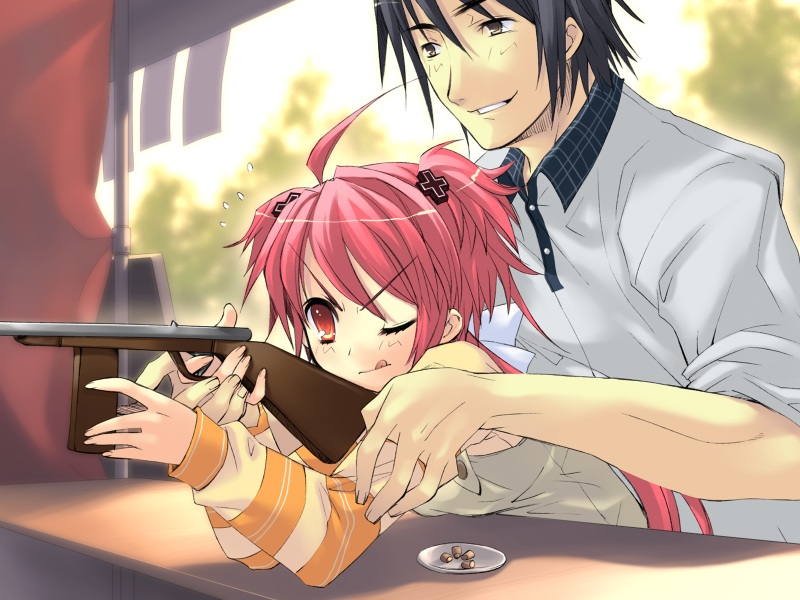 ito noizi, momose hikaru, murakami hisato, original, peace@pieces, tall, game cg, 1boy, 1girl, :q, aiming, black hair, brown eyes, cork, cork gun, festival, gun, holding, one eye closed, red eyes, red hair, rifle, shooting gallery, tongue, tongue out, twintails, weapon