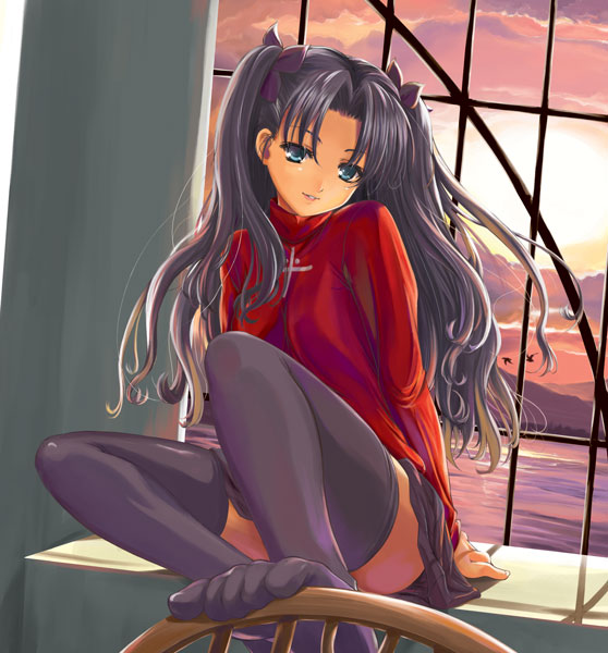 q-gaku, tohsaka rin, fate/stay night, fate (series), type-moon, wall, 00s, 1girl, arm support, bird, black hair, black thighhighs, blue eyes, chair, cloud, dutch angle, feet, feet on chair, female focus, foreshortening, hair intakes, hair ribbon, head tilt, indoors, knees, lake, leg lift, legs, long hair, long legs, long sleeves, looking at viewer, parted lips, red shirt, ribbon, shadow, shirt, sitting, skirt, smile, solo, sunset, thighhighs, thighs, toes, turtleneck, twintails, two side up, water, wavy hair, window, zettai ryouiki
