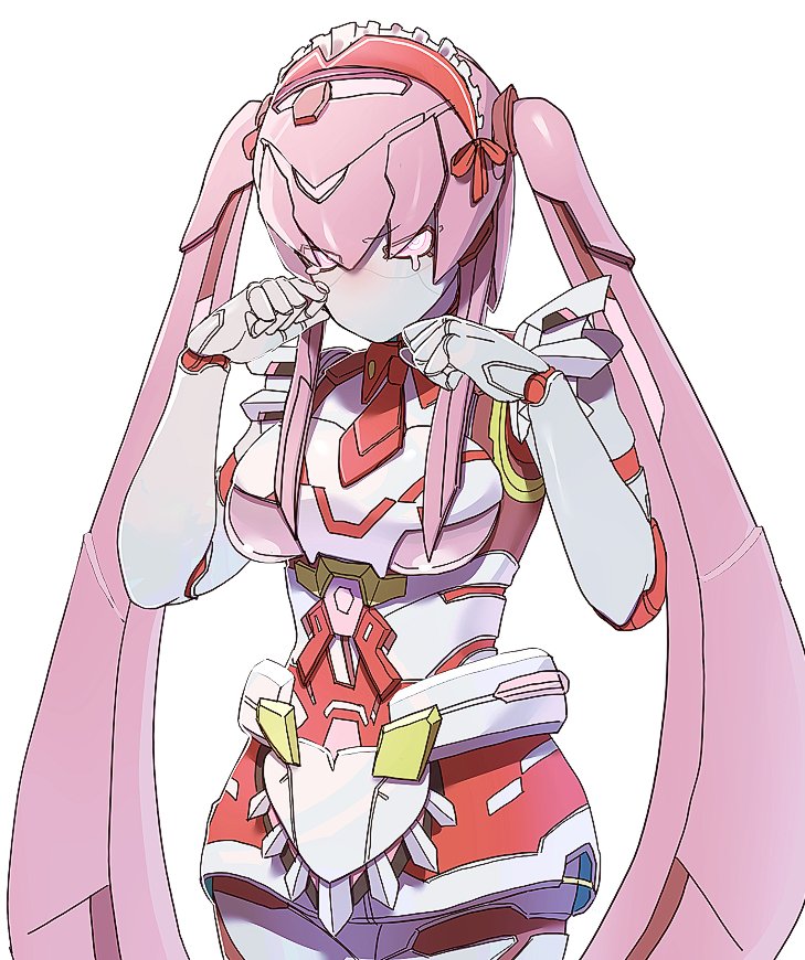 hakidashi 11, phantasy star, phantasy star online 2, 1girl, cowboy shot, crying, pink hair, robot girl, simple background, skirt, solo, tears, twintails, white background, white skirt
