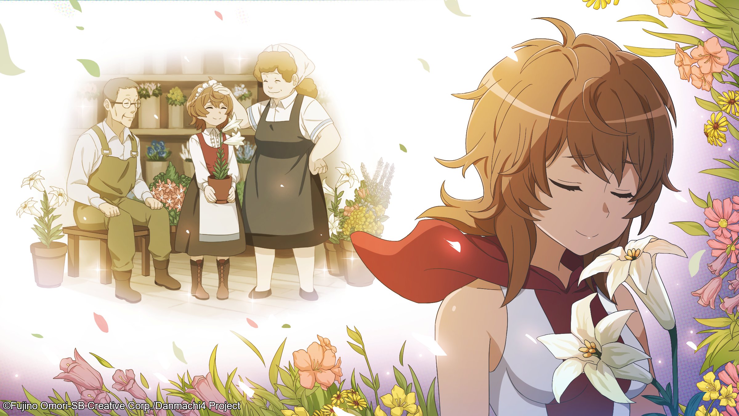 liliruca arde, dungeon ni deai wo motomeru no wa machigatteiru darou ka, artist request, highres, official art, 1boy, 2girls, boots, brown hair, closed eyes, flower, hooded shirt, multiple girls, overalls, pink flower, remembering, shirt, skirt, sleeveless, sleeveless shirt, white flower, white shirt, yellow flower