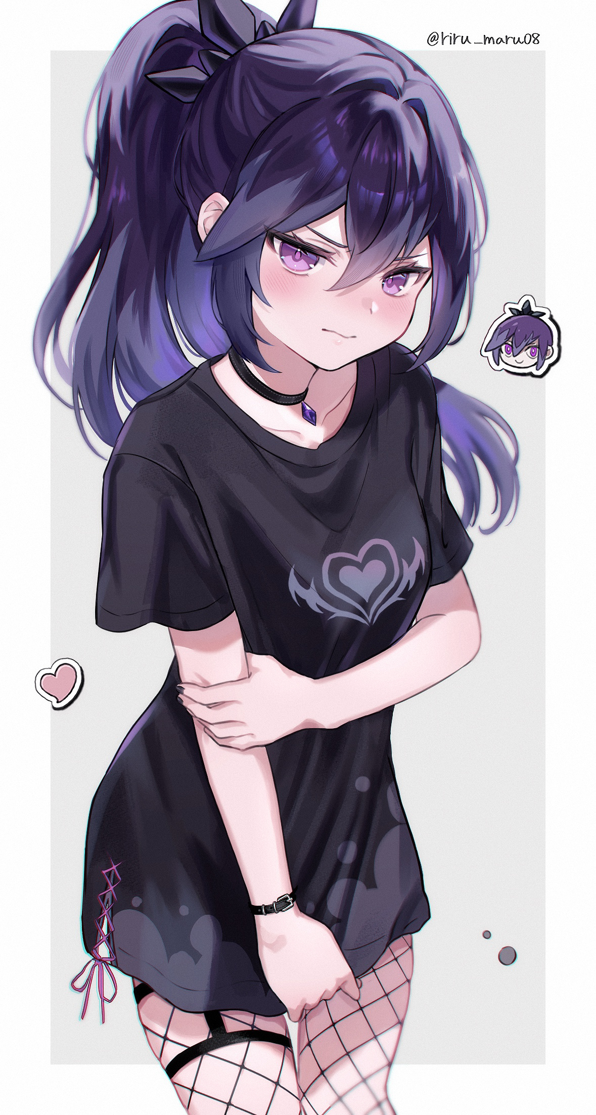 riru maru08, hyakkihime, youkai watch, commentary request, highres, 1girl, alternate costume, black choker, black nails, black shirt, blush, border, bracelet, bright pupils, character sticker, choker, collarbone, colored tips, film grain, fishnets, grey background, grey hair, hair between eyes, hair ornament, hand on own arm, heart, high ponytail, jewelry, jirai kei, knees together feet apart, lipgloss, long hair, looking at viewer, multicolored hair, naked shirt, oversized clothes, oversized shirt, pendant choker, ponytail, purple eyes, purple hair, purple ribbon, ribbon, shirt, shirt ribbon, shirt tug, short sleeves, sidelocks, solo, standing, sticker, twitter username, two-tone hair, white border, white pupils, wrist belt, youkai (youkai watch)