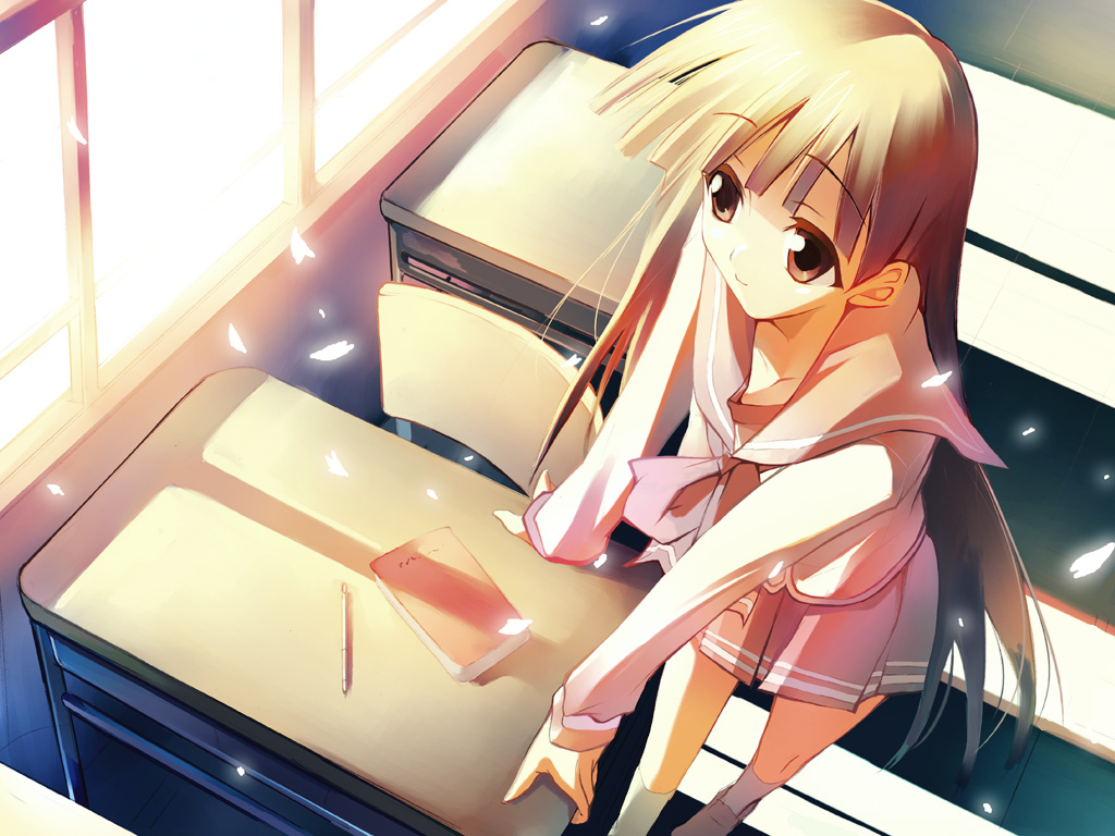 shihira tatsuya, kusakabe yuuki (to heart 2), to heart (series), to heart 2, 00s, 1girl, blonde hair, book, brown eyes, chair, desk, female focus, indoors, long hair, long sleeves, pencil, petals, pleated skirt, school, school desk, school uniform, serafuku, skirt, solo, wind, window