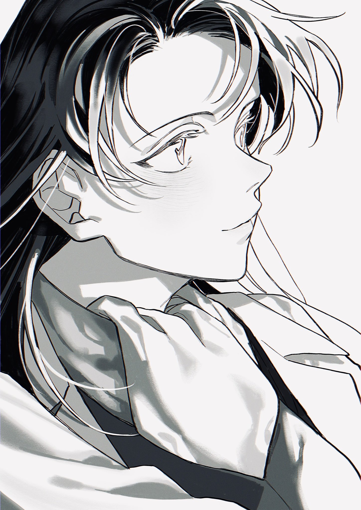 kena131, miyano akemi, meitantei conan, commentary request, highres, 1girl, ascot, blush, closed mouth, eyelashes, greyscale, long hair, looking up, monochrome, profile, simple background, smile, solo, upper body