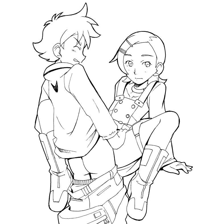 eureka (eureka seven), renton thurston, eureka seven, eureka seven (series), 00s, 1boy, 1girl, boots, bored, closed eyes, clothed sex, clothes pull, emotionless sex, flat chest, greyscale, hair ornament, hairclip, hetero, monochrome, pants, pants pull, raglan sleeves, sex, spread legs, thigh strap, vaginal, white background