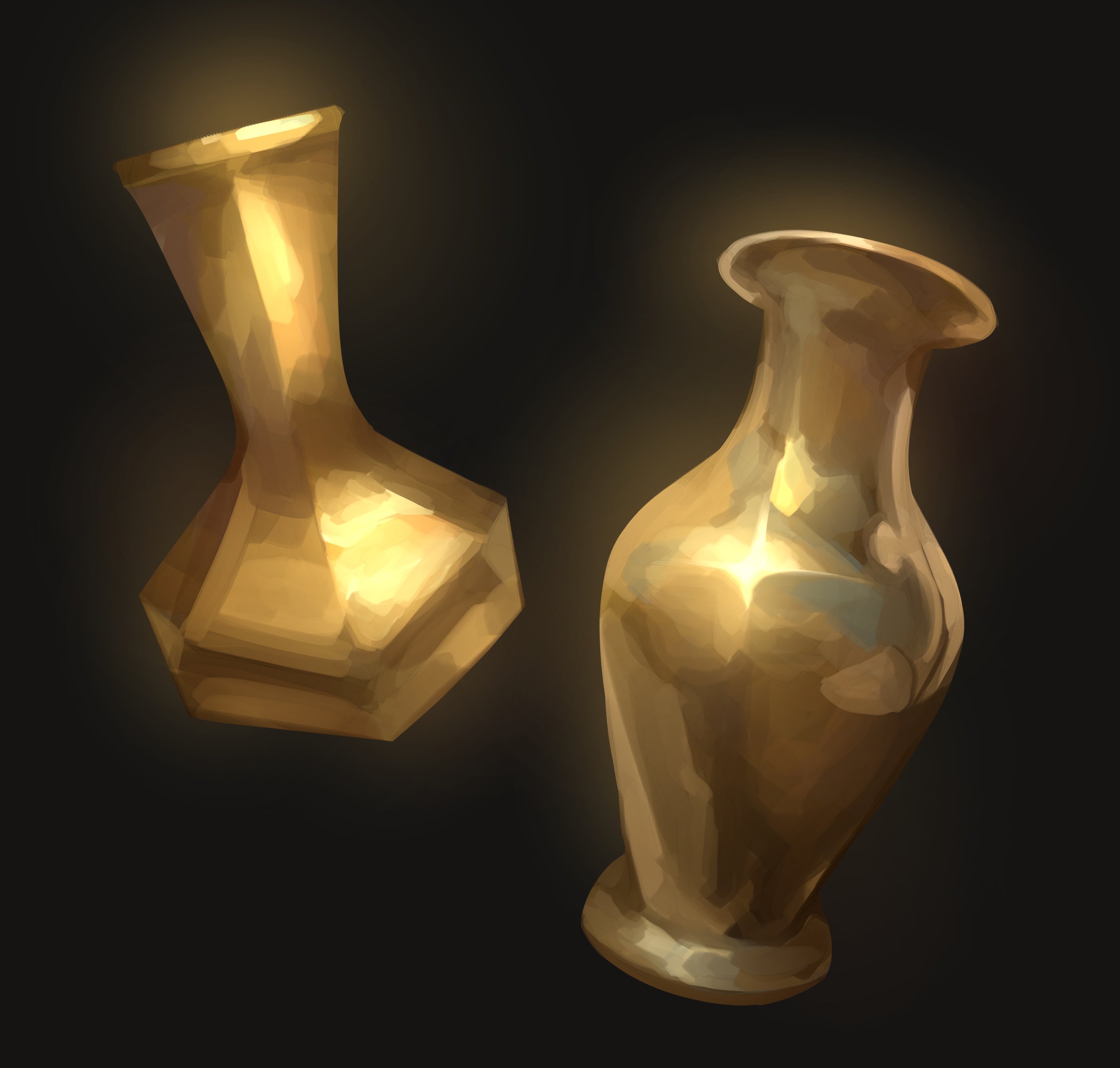 himochuu, original, absurdres, commentary, english commentary, highres, art study, black background, glowing, no humans, object focus, painterly, simple background, still life, vase, yellow theme