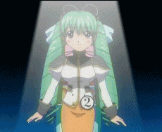 vanilla h, broccoli (company), galaxy angel, animated, animated gif, anime screenshot, lowres, 00s, 1girl, brown eyes, dithering, female focus, green hair, long hair, one eye closed, solo, spinning, v, very long hair