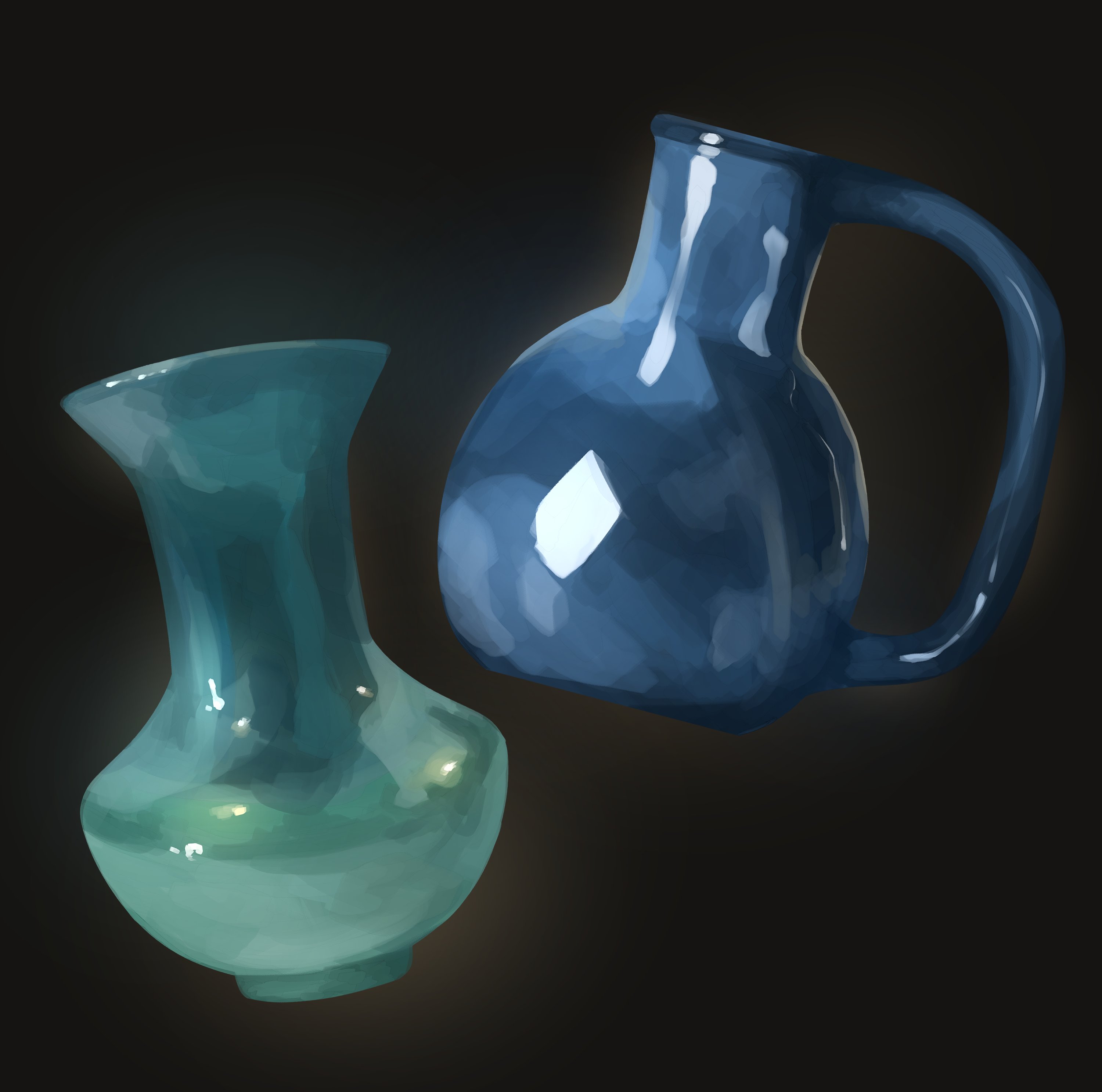 himochuu, original, absurdres, highres, art study, black background, blue theme, glowing, no humans, object focus, painterly, simple background, still life, vase