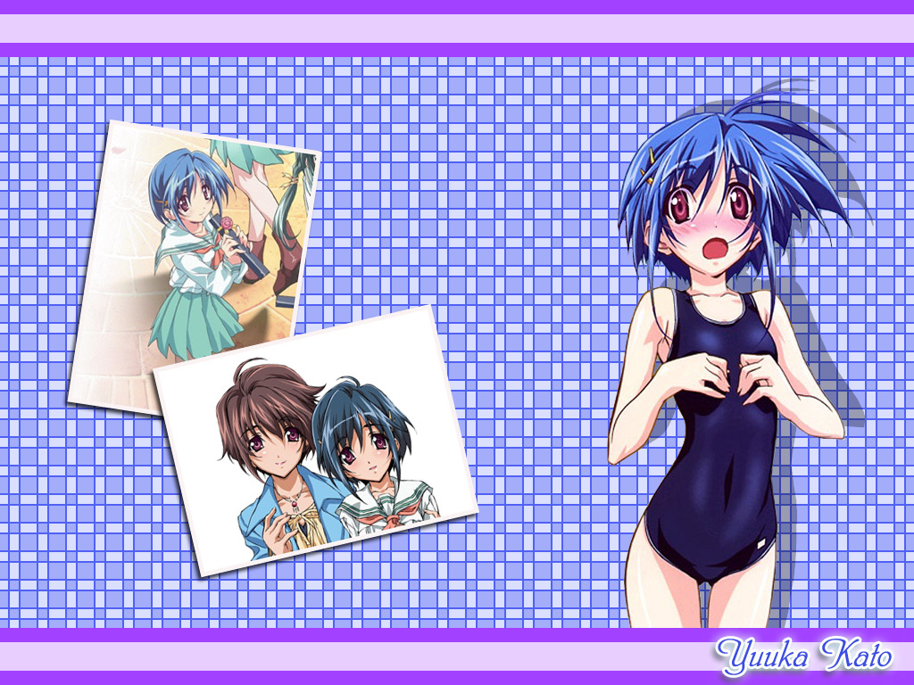 kurashima tomoyasu, katou mika, katou yuuka, graduation (series), nextgraduation, sotsugyou next graduation, 1990s (style), 2girls, ahoge, blue hair, blush, brown hair, character name, hair ornament, hairclip, holding, jewelry, multiple girls, necklace, one-piece swimsuit, open mouth, photo (object), pleated skirt, purple eyes, red eyes, retro artstyle, school swimsuit, school uniform, serafuku, short hair, skirt, smile, swimsuit, thigh gap, thighs