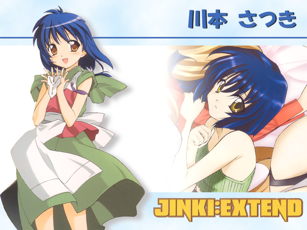 kawamoto satsuki, tsuzaki aoba, jinki, 00s, 1girl, :d, blue hair, blush, brown eyes, camisole, copyright name, crop top, dress, flat chest, happy, multiple views, open mouth, orange eyes, short hair, smile, wind, yellow eyes