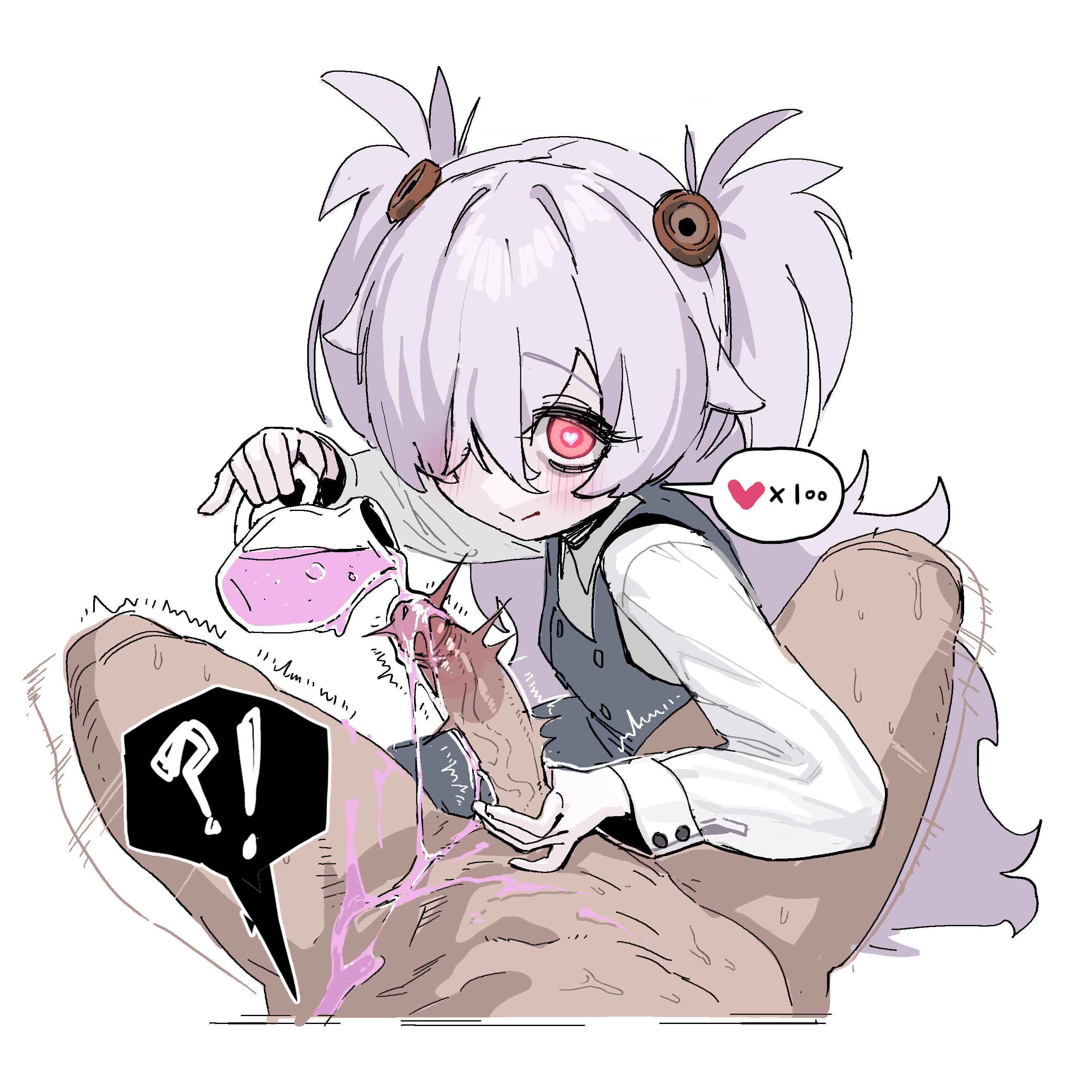 raebeko, kanoe (blue archive), blue archive, absurdres, highres, !?, 1boy, 1girl, black dress, blush, closed mouth, dress, erection, grey hair, hair over one eye, heart, heart-shaped pupils, hetero, long hair, long sleeves, looking at viewer, penis, pinafore dress, pouring onto penis, pov, shirt, simple background, sleeveless, sleeveless dress, smile, solo focus, spoken heart, symbol-shaped pupils, uncensored, white background, white shirt