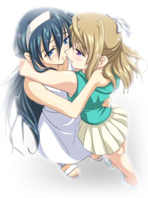 sanshita, himemiya chikane, kurusugawa himeko, kannazuki no miko, light brown hair, 00s, 2girls, aged up, arms around neck, bare arms, bare shoulders, blouse, blue eyes, blue hair, blush, brown hair, couple, dress, eye contact, female focus, from above, hair between eyes, hair ribbon, hairband, half updo, hood, hoodie, hug, imminent kiss, long hair, looking at another, multiple girls, pleated skirt, purple eyes, ribbon, sandals, shirt, skirt, sleeveless, sleeveless hoodie, sleeveless shirt, standing, tears, very long hair, white dress, white hairband, yuri