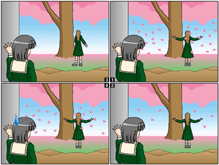 nijou noriko, toudou shimako, maria-sama ga miteru, silver hair, animated, animated gif, lowres, !?, 00s, 2girls, 4koma, brown hair, cherry blossoms, comic, kicking, multiple girls, petals, silent comic, socks, sweatdrop, wind