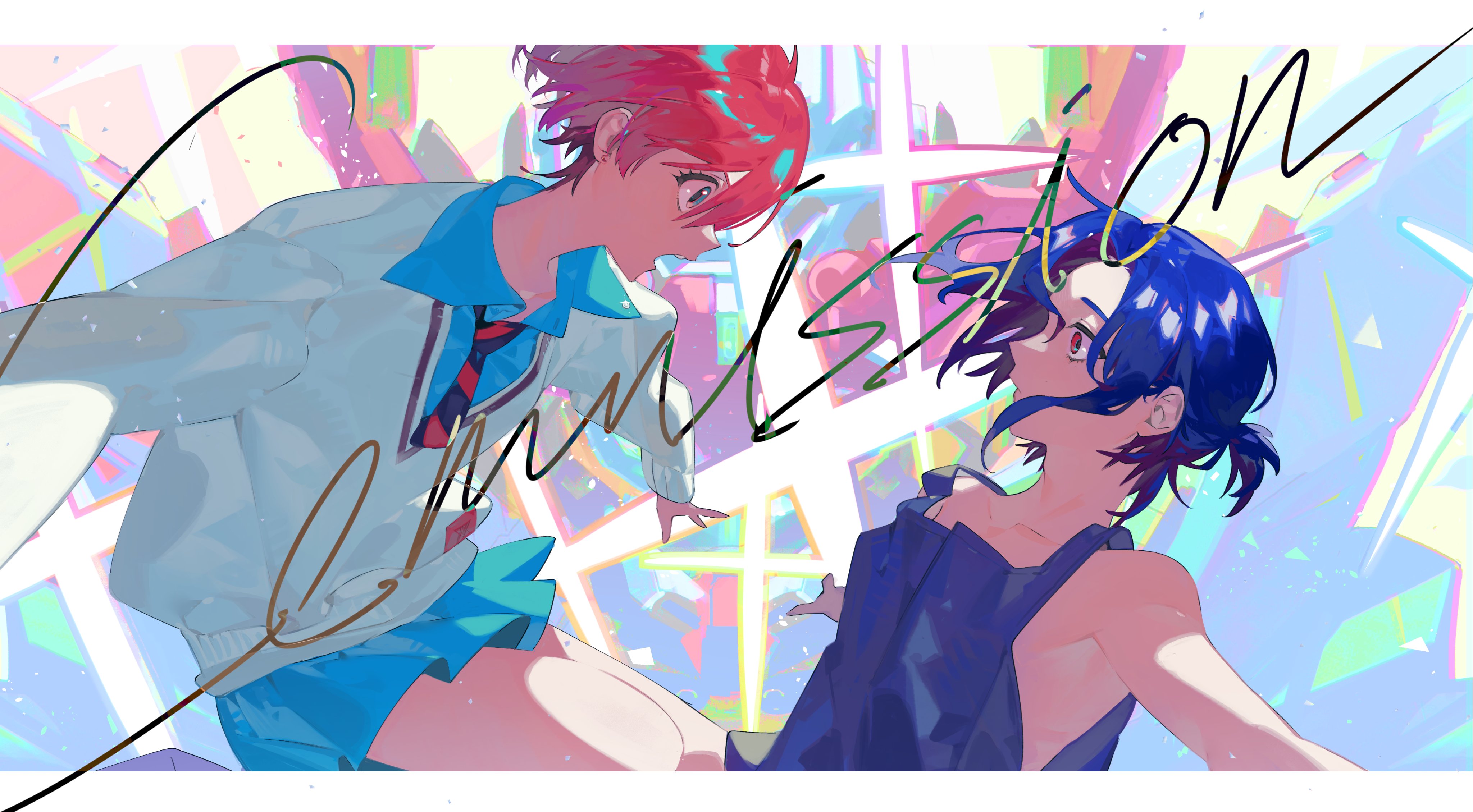 bin aham, amate yuzuriha, shuji ito, gundam, gundam gquuuuuux, absurdres, commentary request, commission, highres, 1boy, 1girl, aqua shirt, aqua skirt, bare arms, black necktie, black tank top, blue hair, cardigan, collared shirt, colored inner hair, crescent, crescent earrings, diagonal-striped clothes, diagonal-striped necktie, earrings, eye contact, jewelry, long sleeves, looking at another, multicolored hair, necktie, open collar, open mouth, outstretched arms, pleated skirt, ponytail, red hair, red necktie, school uniform, shirt, short hair, short ponytail, skirt, striped clothes, tank top, two-tone hair, white cardigan, wide-eyed, wing collar