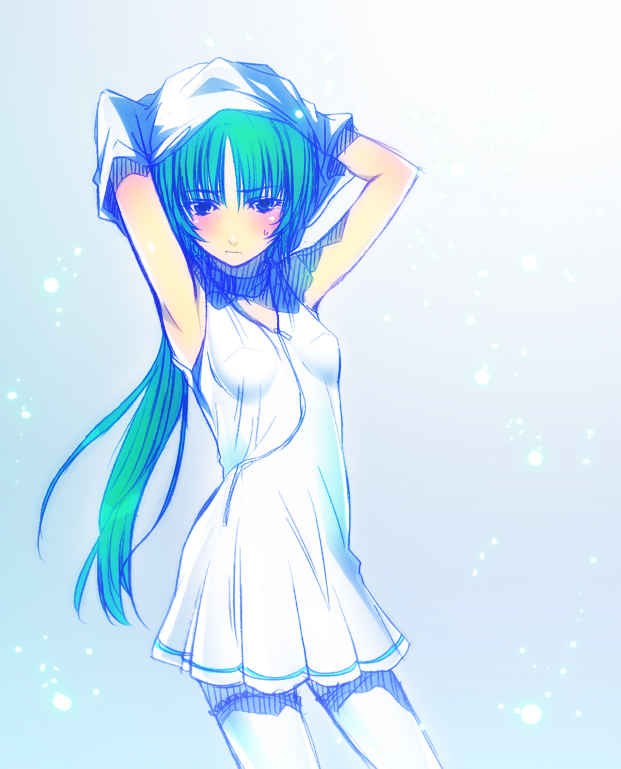 puyo (puyotopia), sonozaki mion, higurashi no naku koro ni, 00s, 1girl, armpits, arms up, blush, breasts, choker, dress, embarrassed, female focus, flat chest, gradient background, green eyes, long hair, ponytail, small breasts, solo, thighhighs, undressing, white thighhighs, zettai ryouiki, zipper