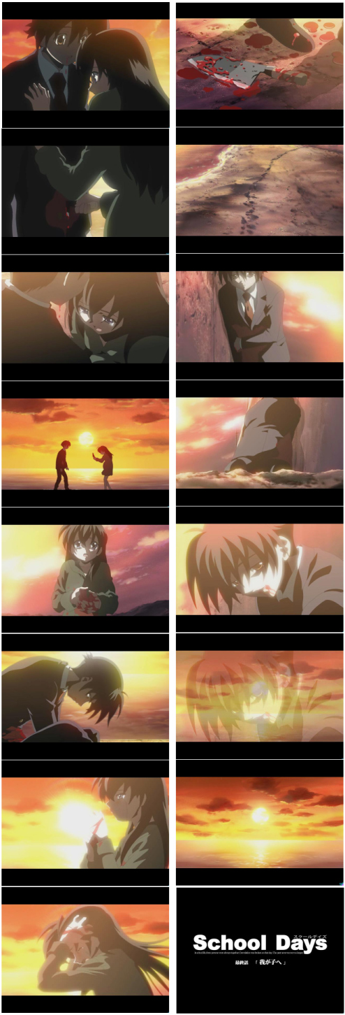 itou makoto (school days), katsura kotonoha, saionji sekai, school days, anime screenshot, highres, long image, tall image, 00s, 1boy, 1girl, aged down, bad end, beach, bleeding, blood, collage, couple, death, despair, dying, ending, epic, knife, murder, outdoors, pale skin, sad, school uniform, sky, smile, sun, sunset, tears