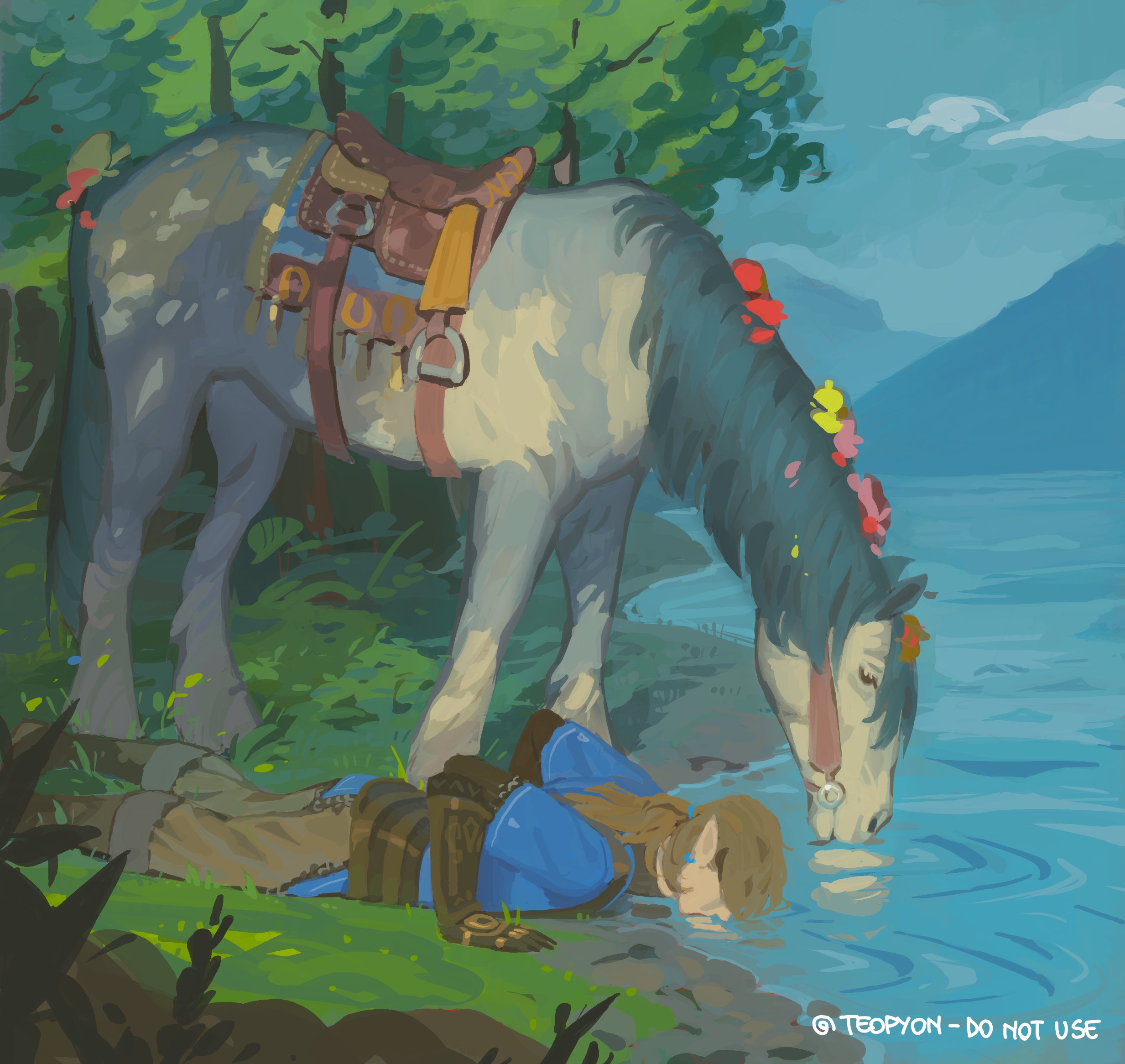 pyonteo, link, nintendo, the legend of zelda, the legend of zelda: breath of the wild, the legend of zelda: tears of the kingdom, highres, 1boy, blonde hair, blue tunic, boots, brown boots, drinking, earrings, feet out of frame, forest, grey pants, hair over eyes, horse, jewelry, lying, male focus, nature, on stomach, pants, pointy ears, river, saddle, sketch, tree, tunic, twintails