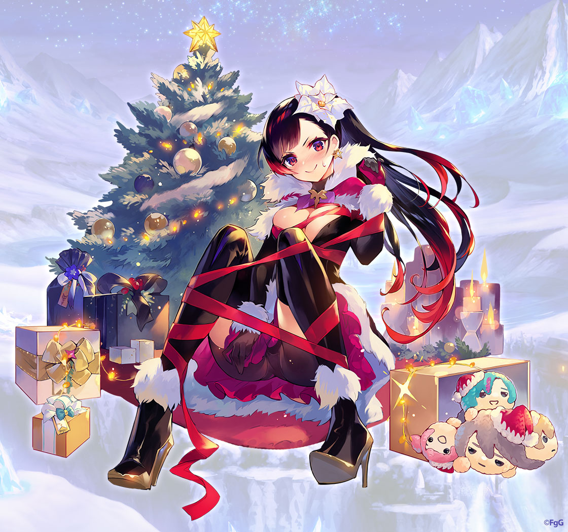 shibuhiko, helena (phantom of the kill), phantom of the kill, commentary request, official art, second-party source, 1girl, bike shorts, black boots, black gloves, black hair, black shorts, boots, bound, box, breasts, candle, chalice (phantom of the kill), character doll, christmas tree, cleavage, closed mouth, company name, doll, earrings, floating hair, flower, full body, gift, gift box, gloves, gradient hair, hair flower, hair ornament, high heel boots, high heels, jewelry, long hair, looking at viewer, multicolored eyes, multicolored hair, official alternate costume, purple eyes, red eyes, red gloves, red ribbon, red skirt, ribbon, ribbon bondage, risanautr, shorts, sitting, skirt, smile, solo, two-sided gloves, two-tone eyes, two-tone hair, v-shaped eyebrows, white flower