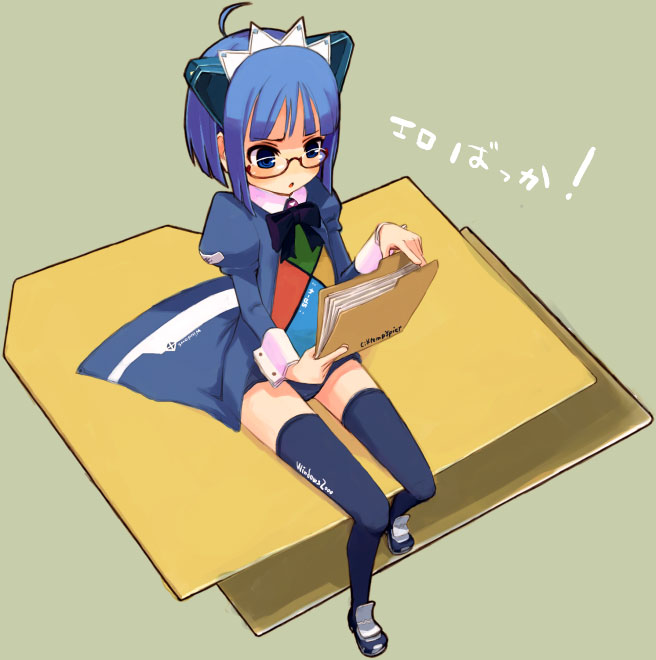 mota, 2k-tan, os-tan, translated, 1girl, black thighhighs, blue eyes, blue hair, blue thighhighs, blunt bangs, character name, female focus, folder, glasses, green background, long sleeves, maid headdress, matching hair/eyes, simple background, sitting, solo, text focus, thighhighs