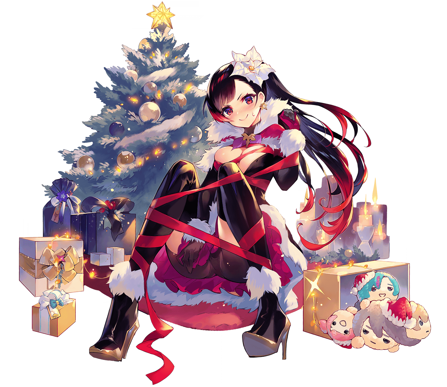 shibuhiko, helena (phantom of the kill), phantom of the kill, highres, official art, third-party source, 1girl, bike shorts, black boots, black gloves, black hair, black shorts, boots, bound, box, breasts, candle, chalice (phantom of the kill), character doll, christmas tree, cleavage, closed mouth, doll, earrings, floating hair, flower, full body, gift, gift box, gloves, gradient hair, hair flower, hair ornament, high heel boots, high heels, jewelry, long hair, looking at viewer, multicolored eyes, multicolored hair, official alternate costume, purple eyes, red eyes, red gloves, red ribbon, red skirt, ribbon, ribbon bondage, risanautr, shorts, simple background, sitting, skirt, smile, solo, transparent background, two-sided gloves, two-tone eyes, two-tone hair, v-shaped eyebrows, white flower