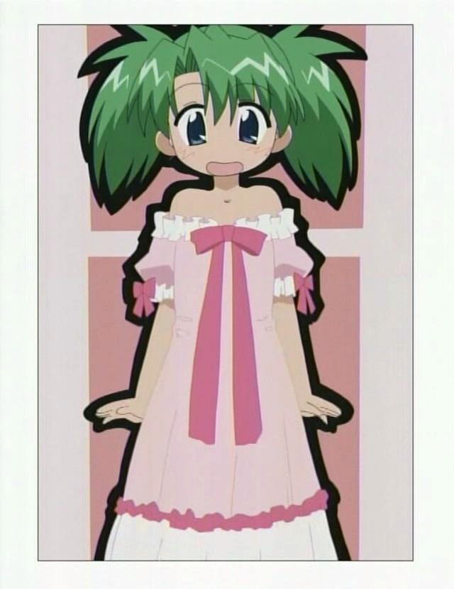 kurosaki asami, mahoraba, anime screenshot, jpeg artifacts, 00s, 1girl, bare shoulders, blue eyes, blush, border, bow, dress, female focus, green hair, outline, pink bow, ribbon, solo, twintails